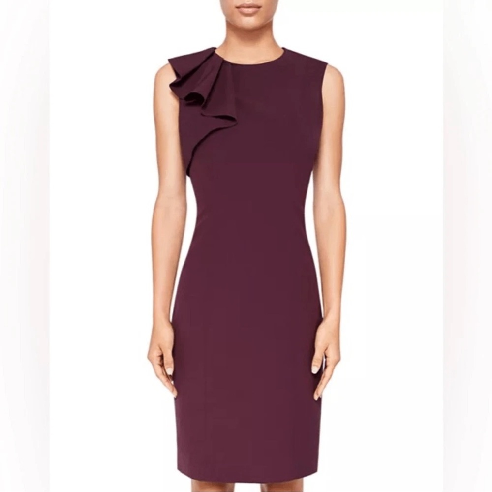 TED BAKER maroon Suriad Frill-Shoulder Sheath pencil  Dress sz 10 USA